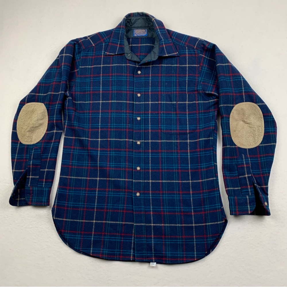 Vintage‎ Pendleton Shirt Mens Medium 100% Virgin Wool Elbow Pads Blue Plaid USA